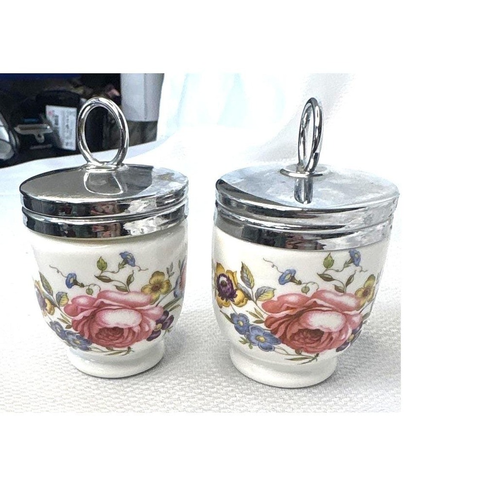 Royal Worcester Moss Rose Porcelain Egg Coddlers Set of 2 Made in England Chrome